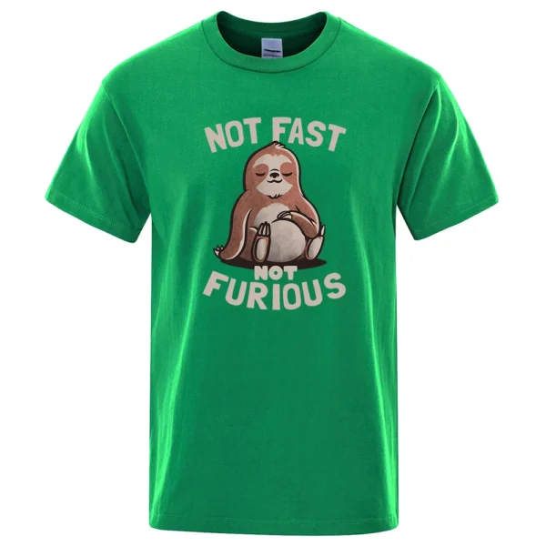 Oversized white cotton t-shirt for men featuring a funny kawaii sloth print and the text "Not Fast Not Furious". ```