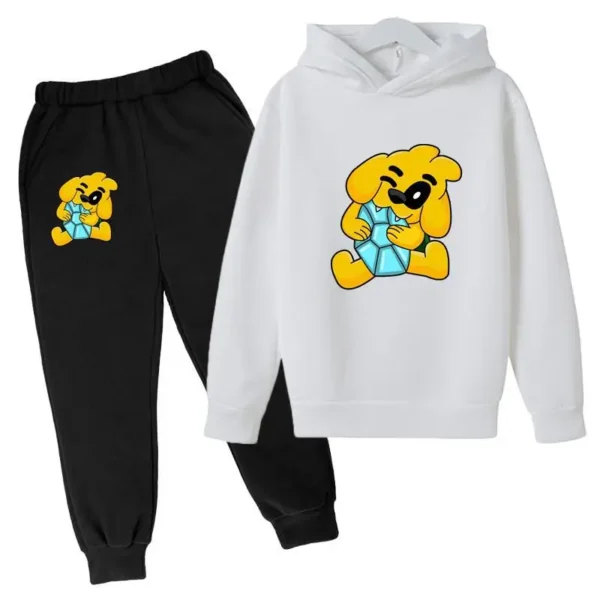 Kids tracksuit set with cute dog print on grey pullover hoodie and matching pants for boys and girls (ages 2-13).