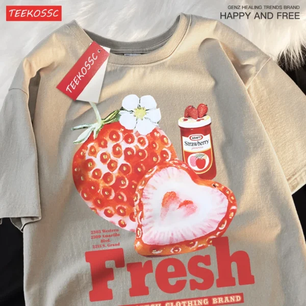 Unisex t-shirt with American retro strawberry graphic print. Loose fit