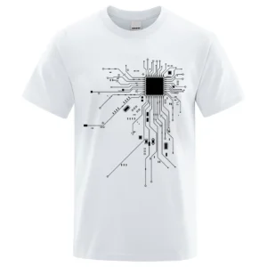 Men's cotton t-shirt featuring a detailed white CPU processor circuit diagram graphic on a dark background.