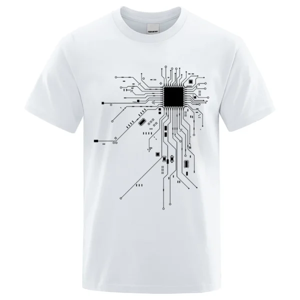Men's cotton t-shirt featuring a detailed white CPU processor circuit diagram graphic on a dark background.