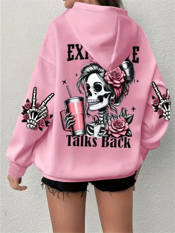 Expensive Talks Back' funny print grey pullover fleece hoodie for women.