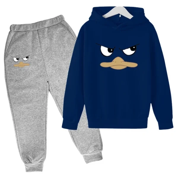 Kids unisex duck face print hoodie and pants tracksuit set for spring autumn wear ages 2-13.