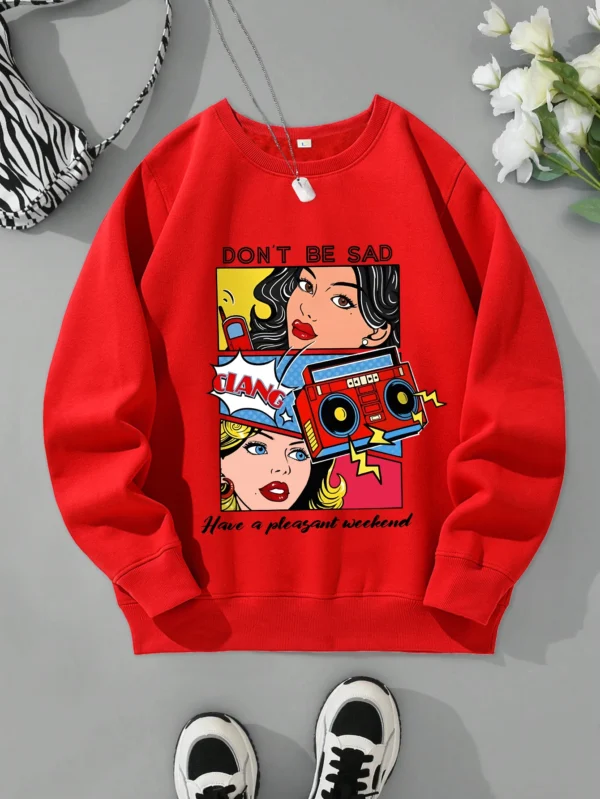 Women's casual warm fleece sweatshirt with a cartoon graphic print.
