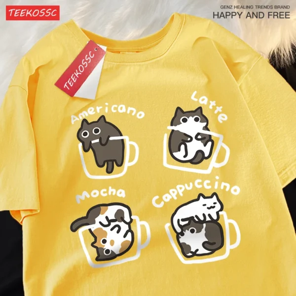 Mocha Latte Cat design printed on a soft cotton unisex t-shirt for cat and coffee lovers.