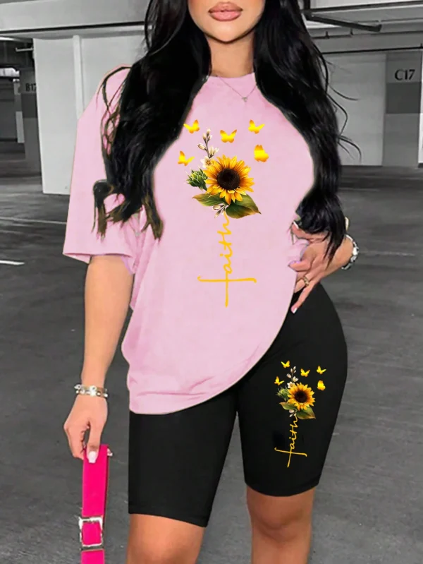 Woman modeling sunflower butterfly print two piece set with short sleeve knit t-shirt and regular fit shorts.