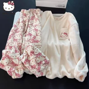 Hello Kitty women's warm winter flannel velvet pajama set - pink Sanrio sleepwear