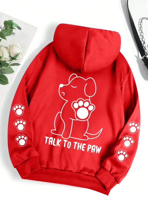 Grey pullover hoodie with warm fleece lining featuring a funny cartoon dog print that says "Talk To The Paw".