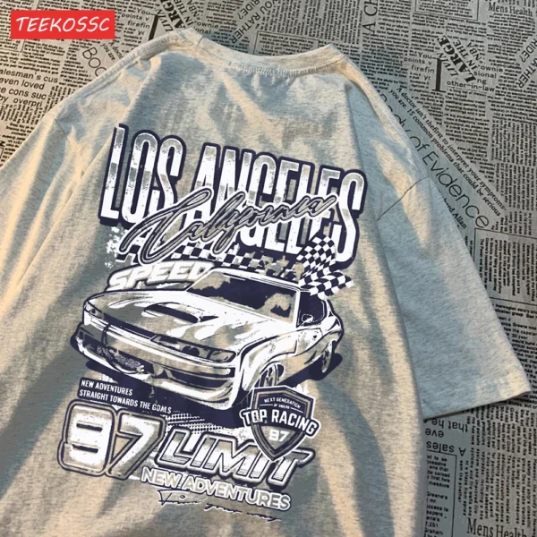 Loose fit t-shirt featuring a vibrant cartoon racing car graphic print.
