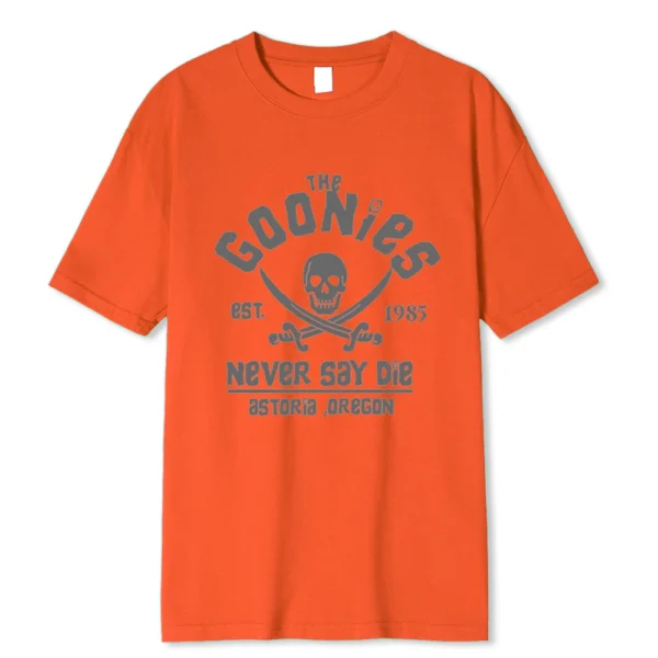 Men's black cotton Goonies t-shirt with white 'Never Say Die' text graphic. Retro 80s movie fan apparel.