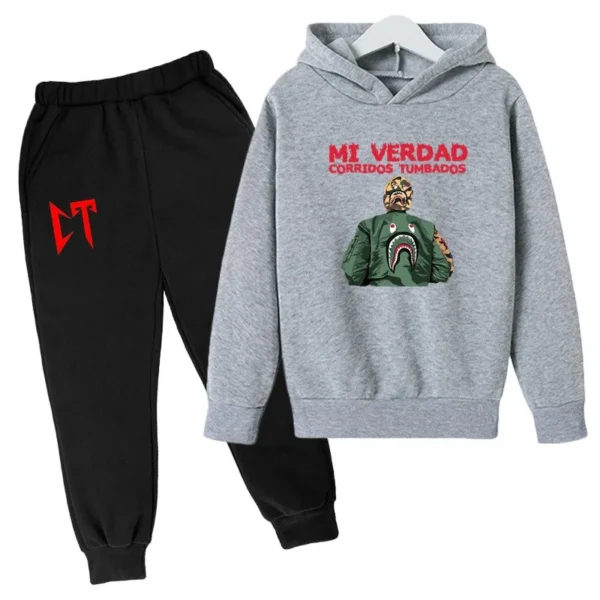 Kids unisex Corridos Tumbados print tracksuit set with pullover hoodie and pants - front view.