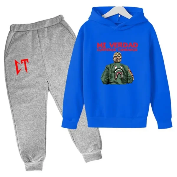 Kids unisex Corridos Tumbados print tracksuit set with pullover hoodie and pants - front view.
