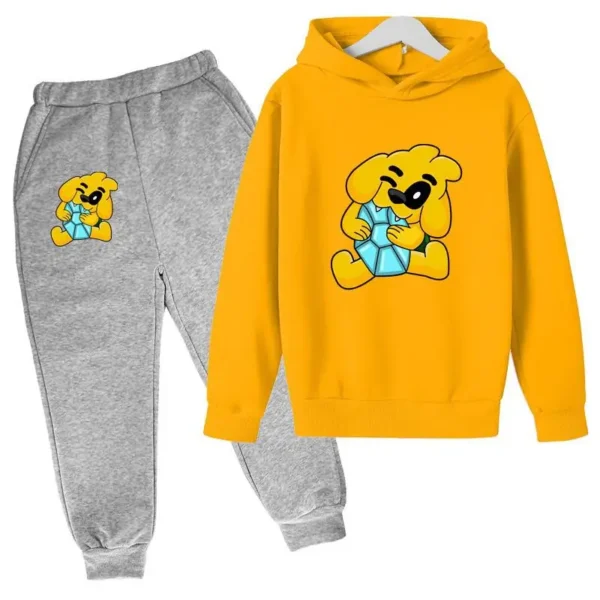 Kids tracksuit set with cute dog print on grey pullover hoodie and matching pants for boys and girls (ages 2-13).