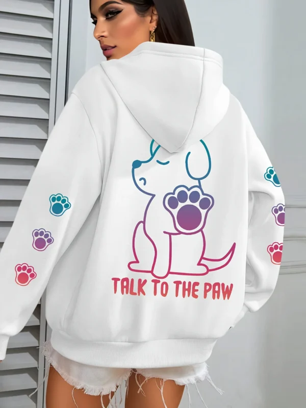 Grey fleece pullover hoodie for women with funny 'Talks To The Paw' dog print.