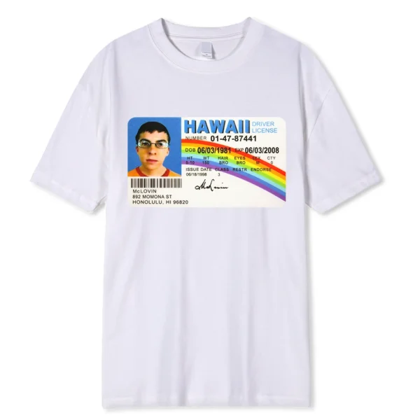 Black cotton t-shirt displaying the funny McLovin Hawaii ID card graphic from the Superbad movie.