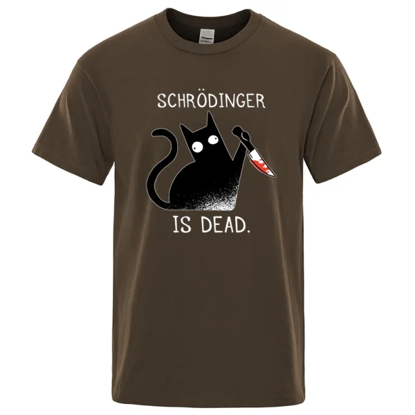 Men's black cotton t-shirt with funny 'Schrodinger Is Dead' black cat physics science graphic.