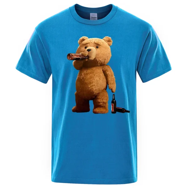 Men's grey casual t-shirt with a funny graphic print showing a cartoon teddy bear drinking a pint of beer.