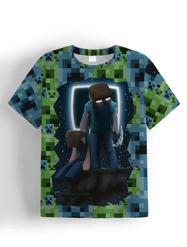 Front view of boys' short sleeve Minecraft t-shirt with colorful cartoon gaming print.