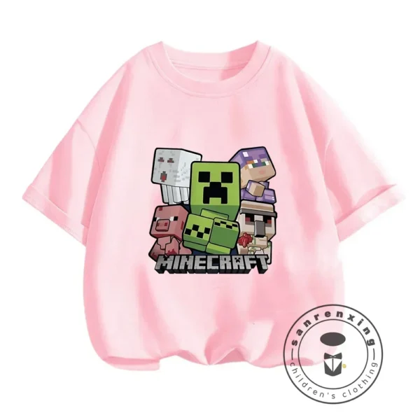 Young boy wearing a blue short-sleeve t-shirt with a large colourful graphic of the Minecraft character CatNap on the front.