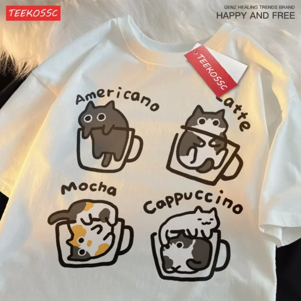 Mocha Latte Cat design printed on a soft cotton unisex t-shirt for cat and coffee lovers.