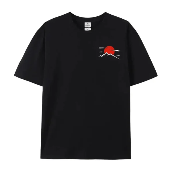 Back view of man wearing black GTR R34 JDM graphic t-shirt showcasing Japanese car culture design.