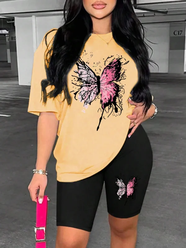 Women's soft butterfly print short sleeve top and matching shorts pajama set.