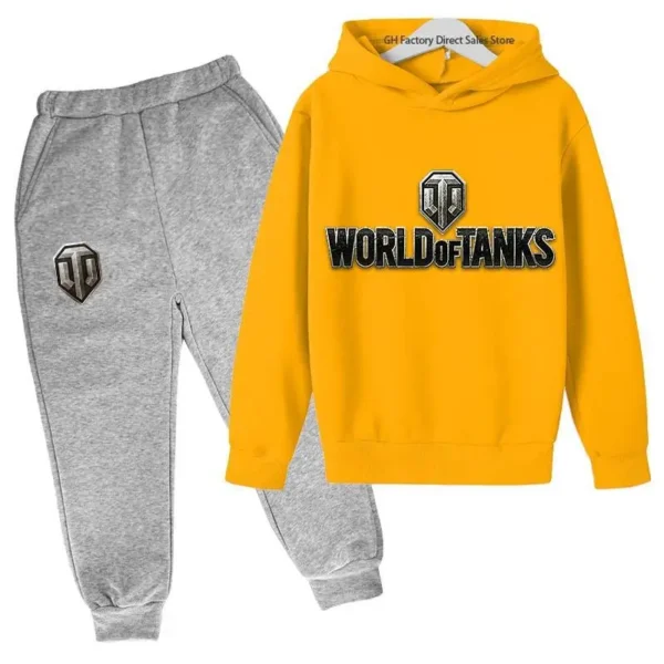Kid wearing World of Tanks gaming tracksuit set with pullover hoodie and matching joggers - suitable for boys and girls.