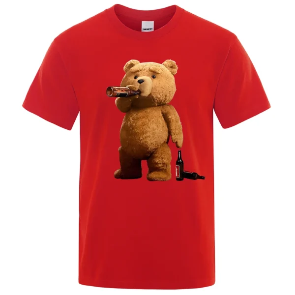Men's grey casual t-shirt with a funny graphic print showing a cartoon teddy bear drinking a pint of beer.