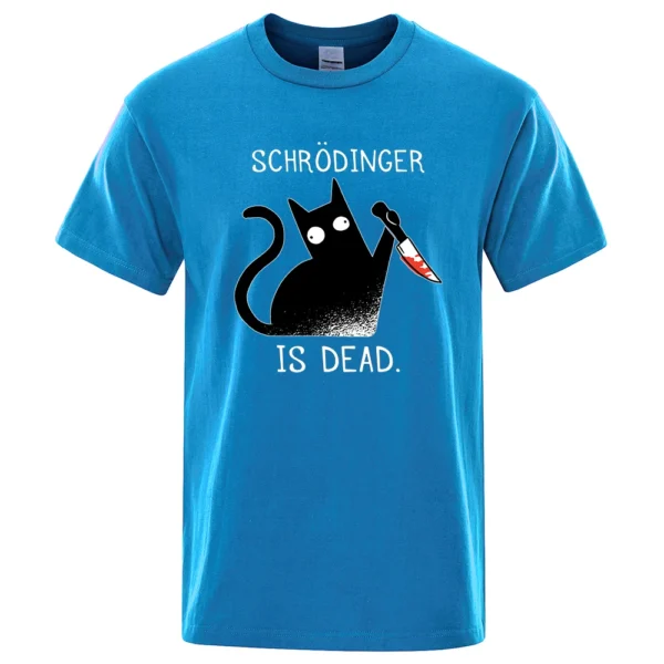 Men's black cotton t-shirt with funny 'Schrodinger Is Dead' black cat physics science graphic.