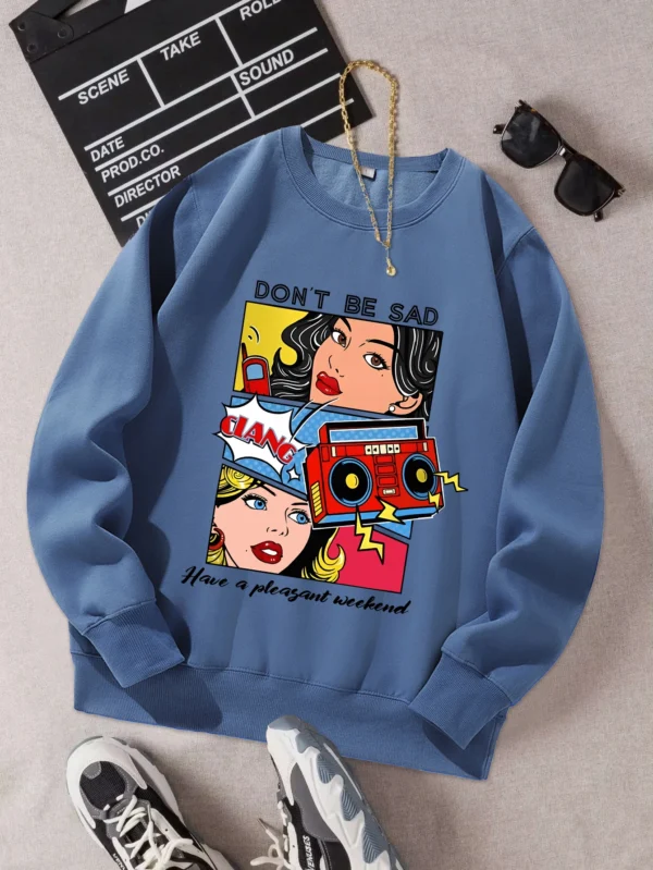 Women's casual warm fleece sweatshirt with a cartoon graphic print.