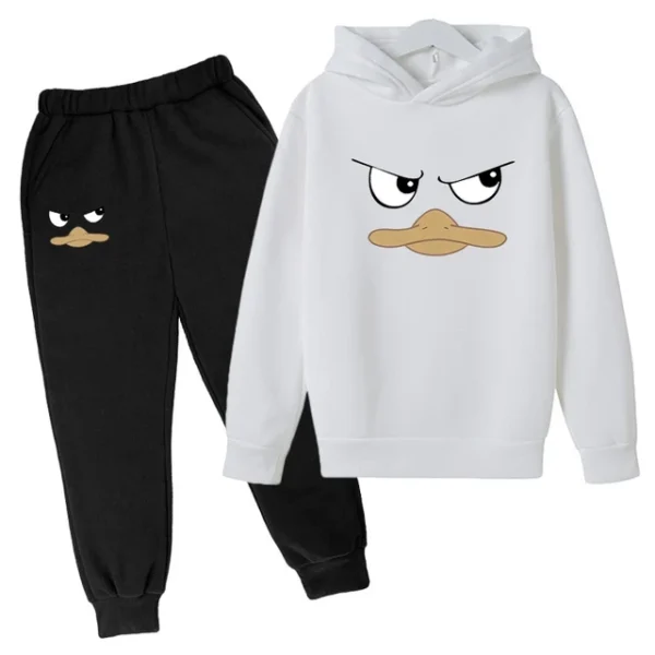 Kids unisex duck face print hoodie and pants tracksuit set for spring autumn wear ages 2-13.