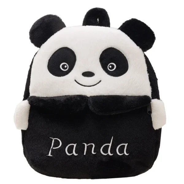 Front view of the MINISO plush backpack featuring cute Kuromi and Cinnamoroll Sanrio characters.
