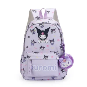 MINISO Sanrio Characters kawaii nylon backpack for girls with matching wallet charm.