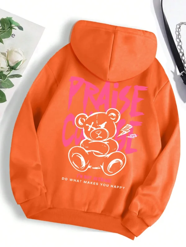 Woman wearing cute bear print fleece-lined hoodie warm autumn streetwear sweatshirt.