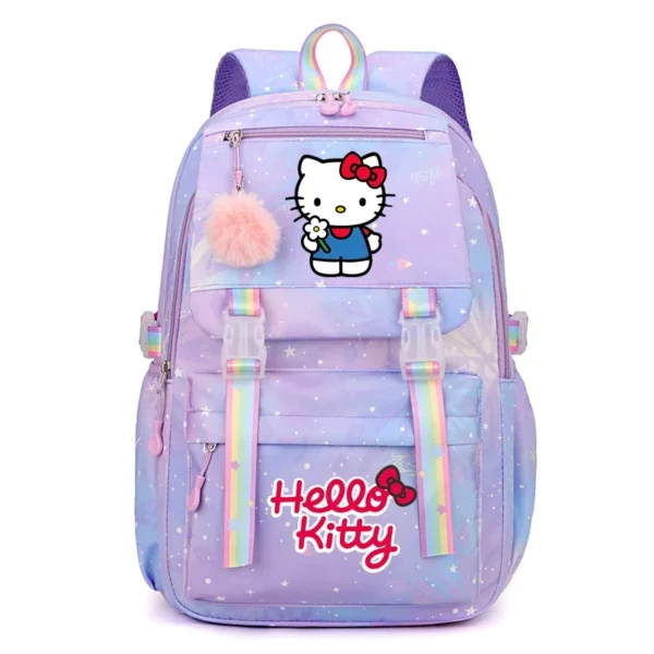 Front view of the MINISO Kuromi & Cinnamoroll backpack showing the cute character print on a large nylon bag.