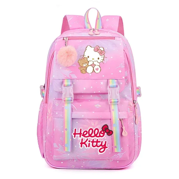 Front view of the MINISO Kuromi & Cinnamoroll backpack showing the cute character print on a large nylon bag.
