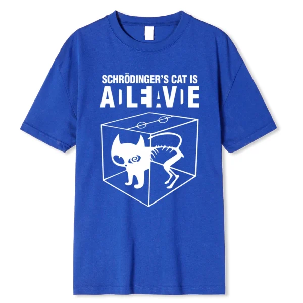 Men's black 100% cotton t-shirt with a white graphic print illustrating the Schrodinger's Cat thought experiment.