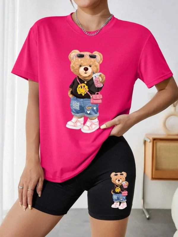 Women's bear & milk tea print t-shirt and shorts set - cute summer two piece outfit