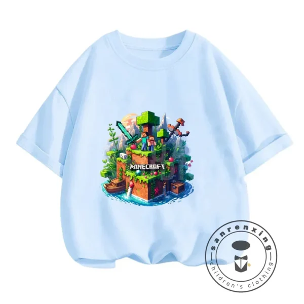 Front view of a boys short-sleeve O-neck t-shirt with a Minecraft graphic print.