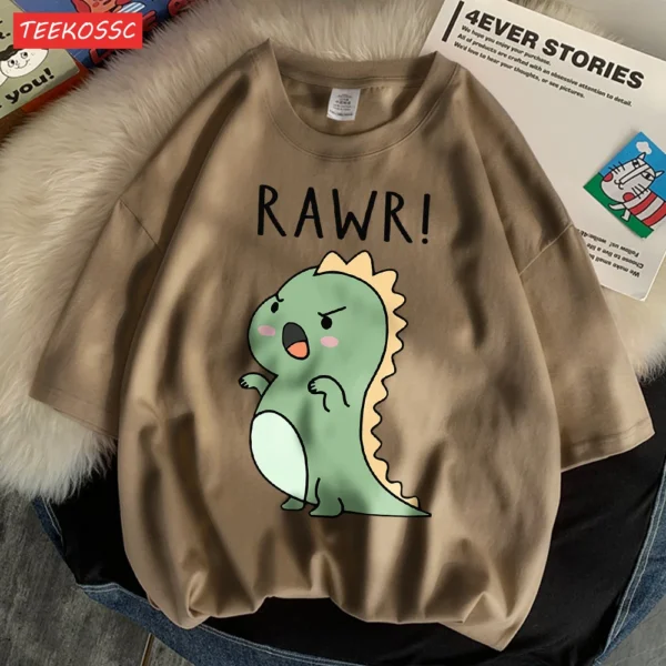 Women's regular fit short sleeve t-shirt with a fierce cartoon dinosaur print on the front.