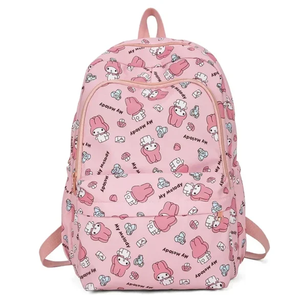 MINISO Sanrio kids school backpack featuring a cute pink and purple Kuromi and Cinnamoroll cartoon print design.