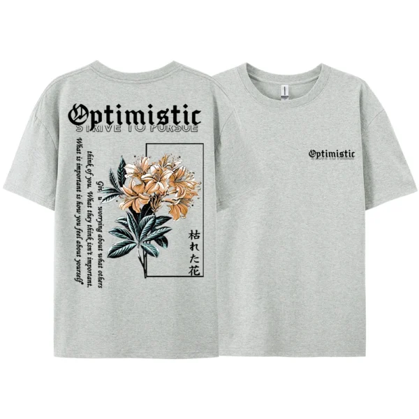 Men's oversized Harajuku t-shirt with 'Optimistic Strive' floral graphic print. Cotton material