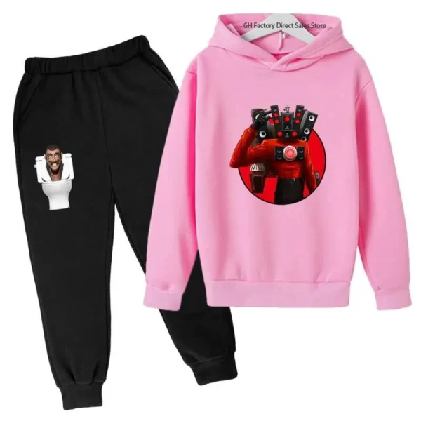 Kids Skibidi Toilet funny cartoon print hoodie and pants tracksuit set (ages 3-13) - front view. ```