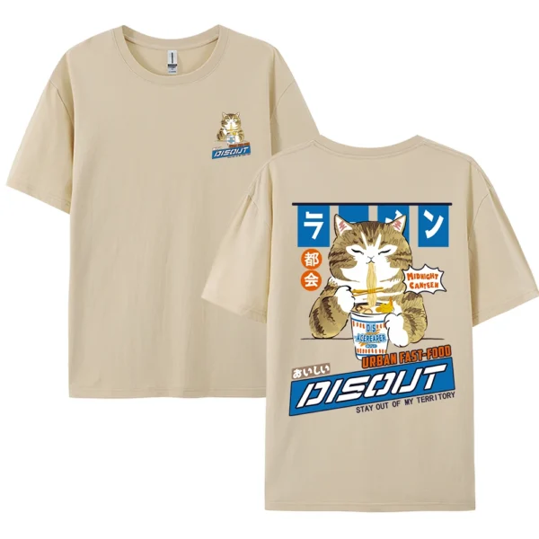 White oversized t-shirt with a cartoon graphic of a cute cat happily eating noodles from a bowl