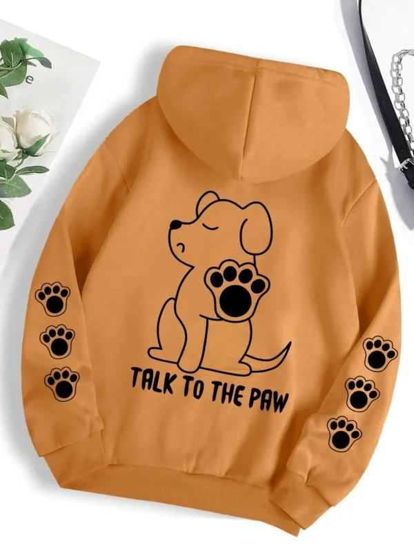 Grey pullover hoodie with warm fleece lining featuring a funny cartoon dog print that says "Talk To The Paw".