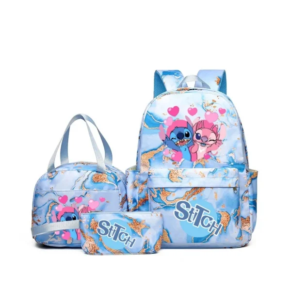 Stitch print 3-piece backpack set with matching tote bag and pencil pouch displayed together against a neutral background.