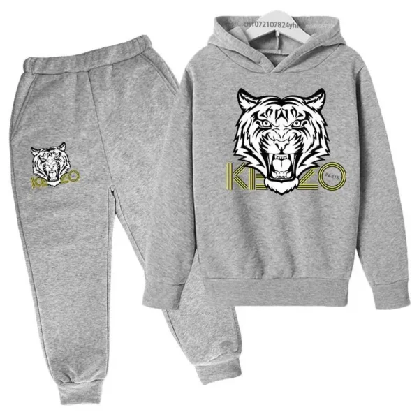 Unisex kids hoodie and pants set with bold tiger head print on the hooded sweatshirt - front view.