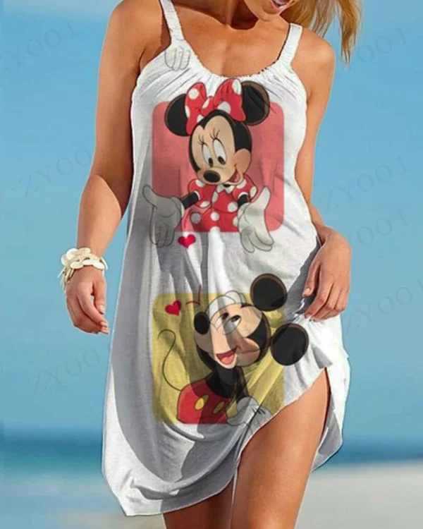 Woman wearing Disney Mickey & Minnie print ruffled summer camisole dress with A-line skirt.