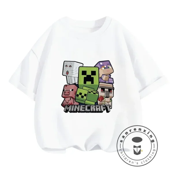 Young boy wearing a blue short-sleeve t-shirt with a large colourful graphic of the Minecraft character CatNap on the front.