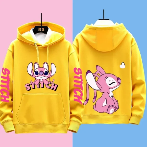 Couple wearing matching grey Disney Stitch pullover hoodies sweatshirt set - official licensed apparel.
